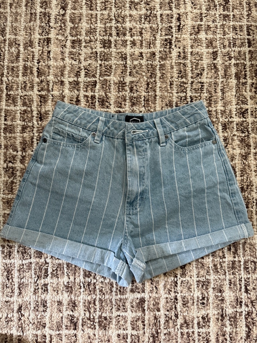 RVCA Light Blue Pinstriped High Waist Denim Shorts